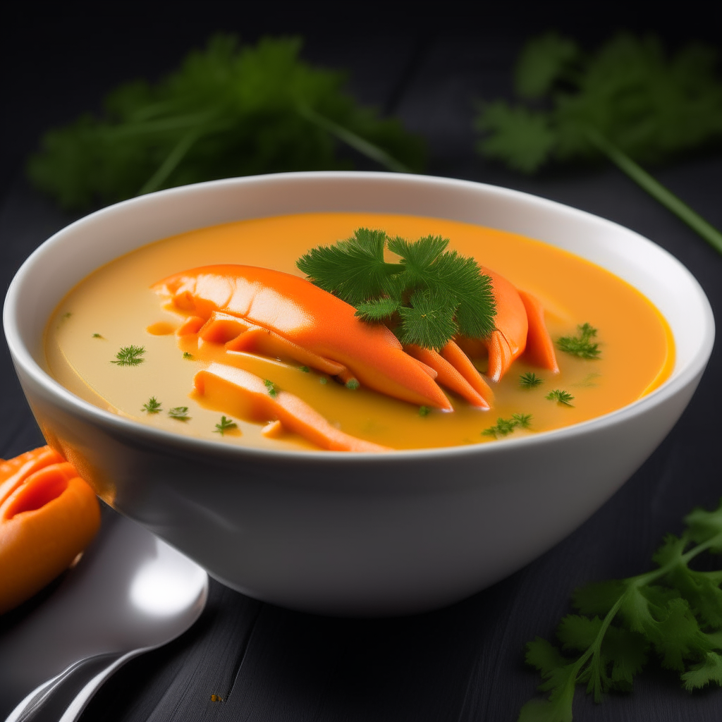 Bowl of rich, creamy orange lobster bisque soup garnished with parsley, no lobster meat visible