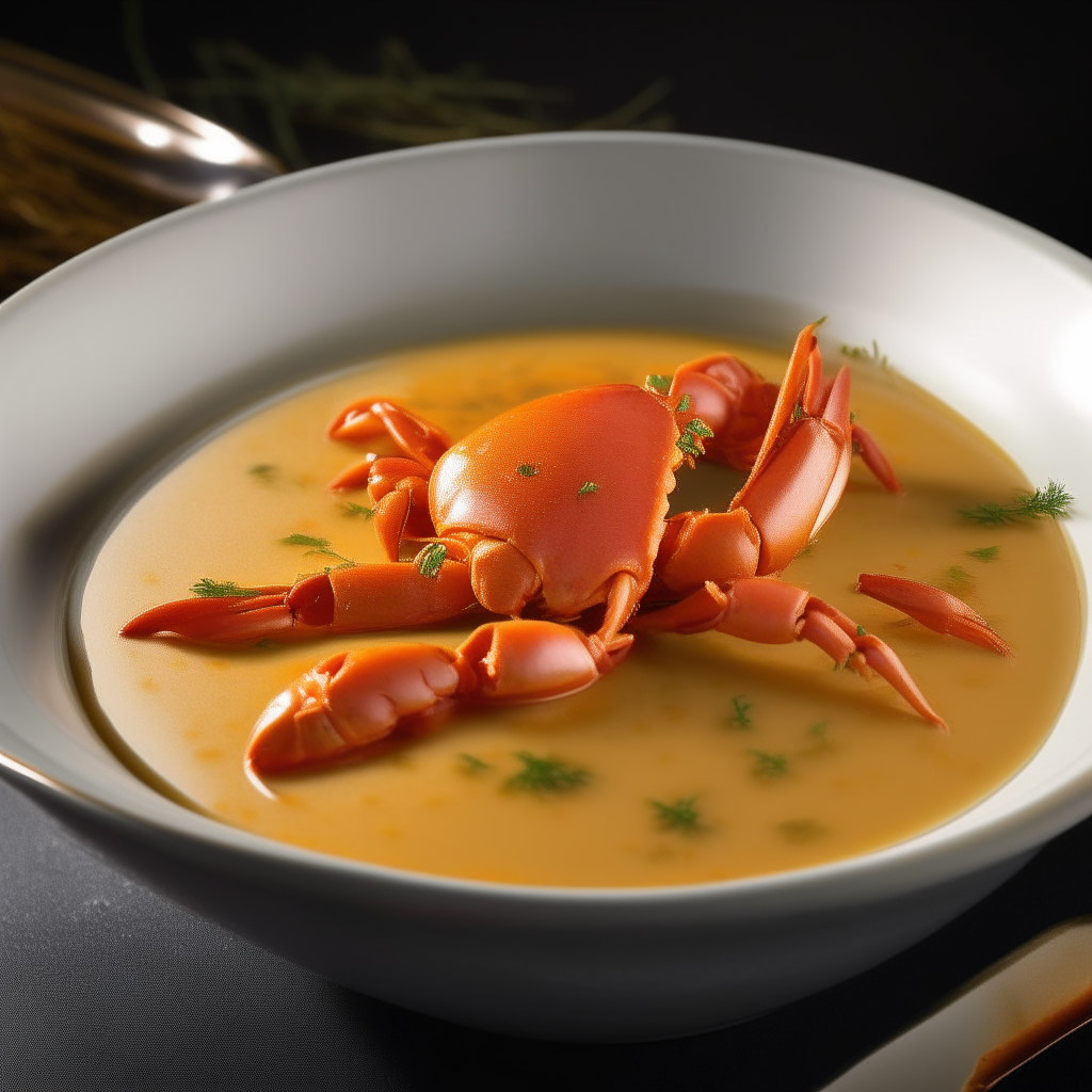 Bowl of rich, creamy orange lobster bisque soup with a few small pieces of lobster meat visible