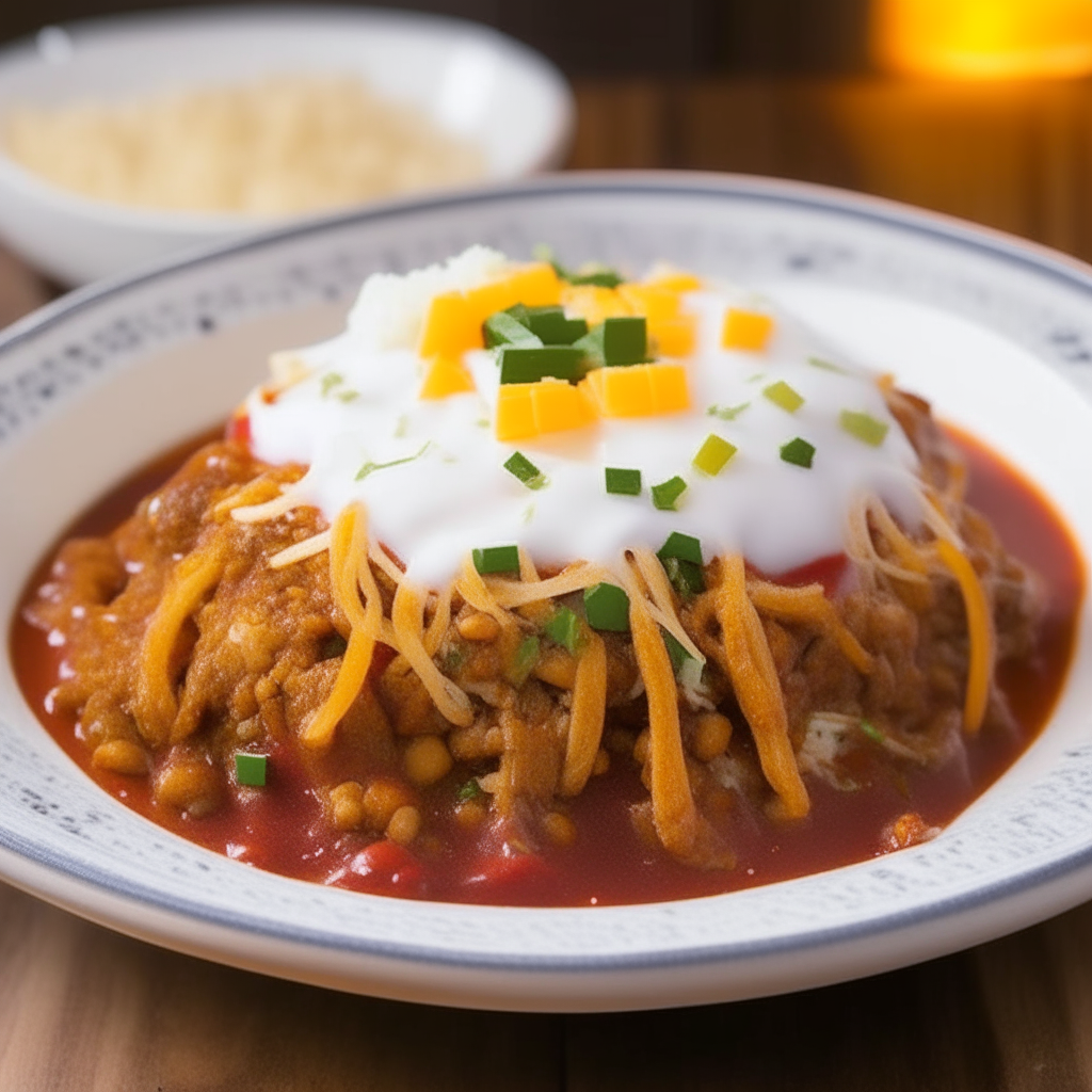 Crockpot three bean chili on a white plate, with cheddar cheese, green onions, sour cream, cornbread, in a rustic kitchen with warm lighting