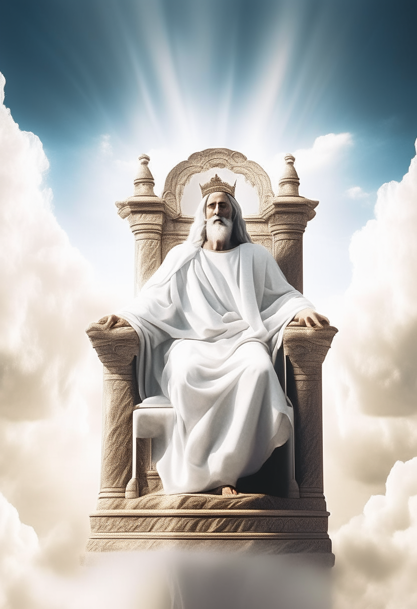 create an image of God sitting on his throne in a white robe with the sky as a background