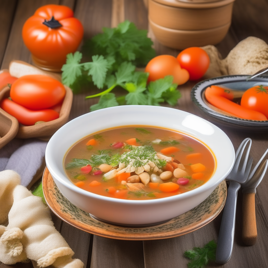 Crockpot vegetable soup on a white plate garnished with parsley, carrots, beans, tomatoes, with vintage soup bowls on a rustic wooden table in a sunny garden