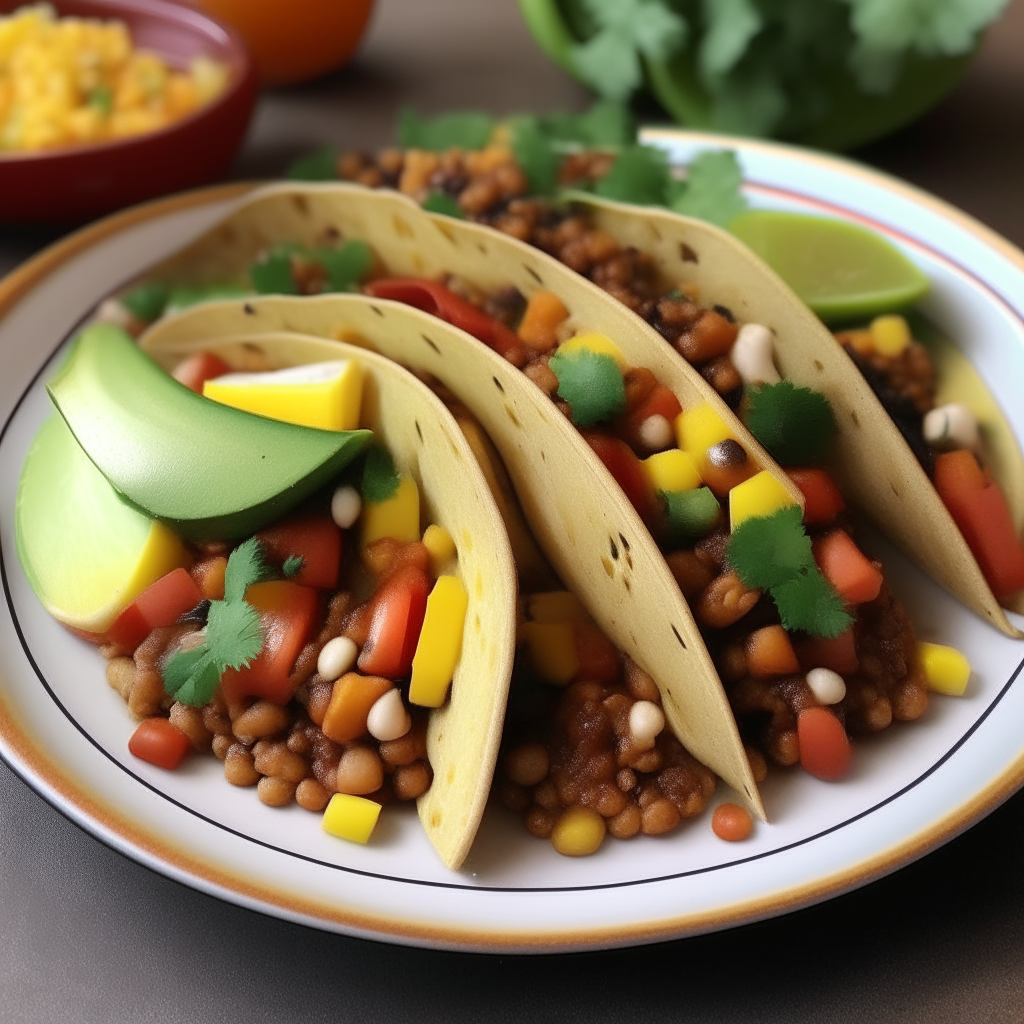 Two vegetarian tacos on a festive plate, filled with beans, corn, avocado, tomatoes, cilantro, with salsa and lime wedges