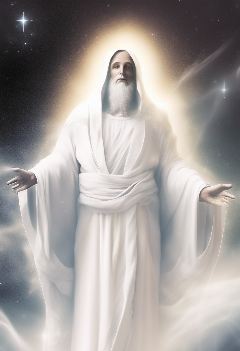 create an image of God in a white robe in charge of the universe