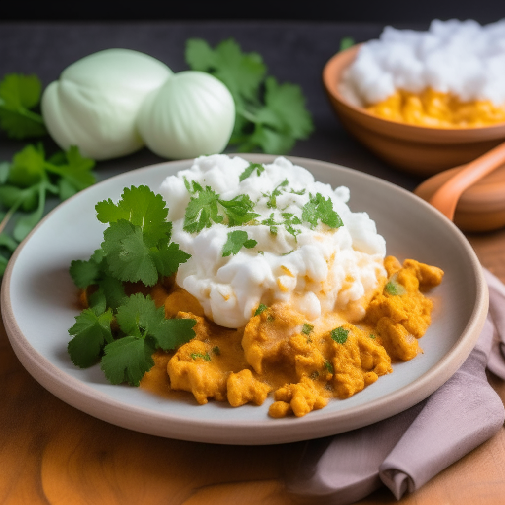 Crockpot cauliflower curry on a plate with basmati rice, cilantro, crispy onions, and naan bread on a wooden table