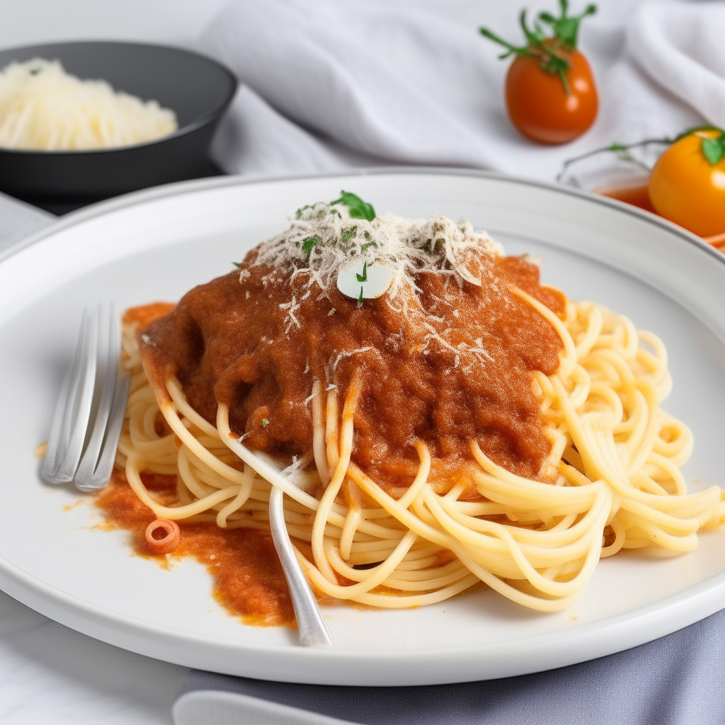 Crockpot vegetarian bolognese sauce over spaghetti, with Parmesan cheese, vegetables on the side, on a white plate