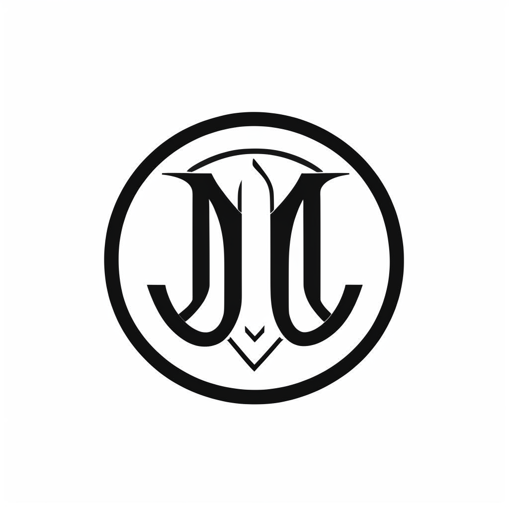 Logotipo estilizado de las iniciales JM en estilo minimalista, negro sobre blanco, fuente elegante