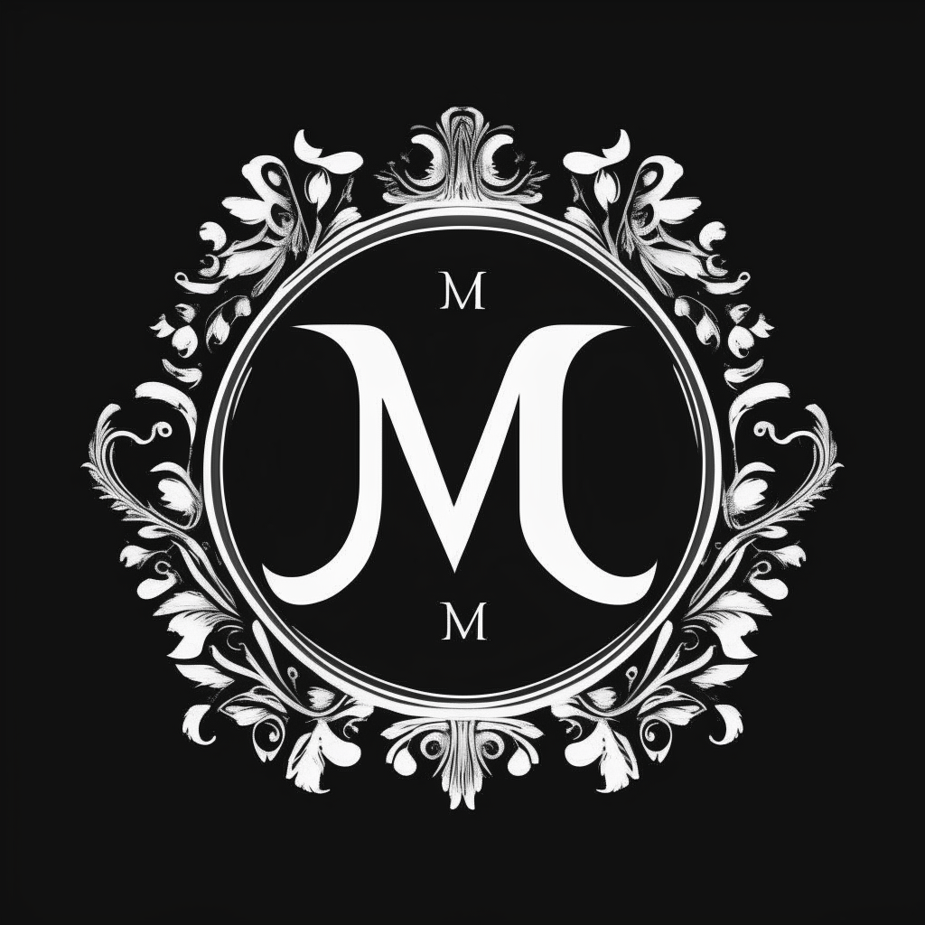 Logotipo estilizado de las iniciales JM en estilo clásico, fuente elegante en blanco y negro