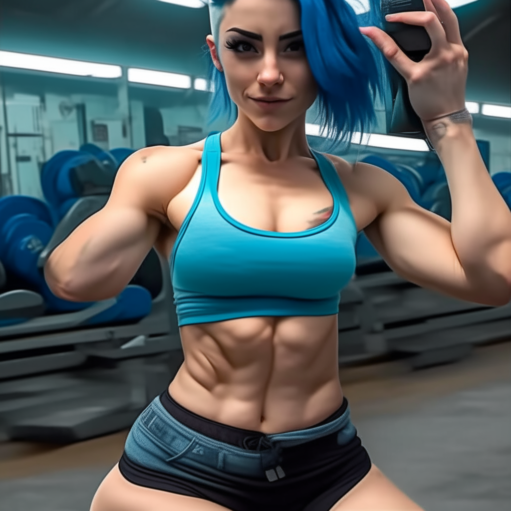 A fitness enthusiast takes a selfie, her toned arms and blue locks visible as gym equipment spins behind her