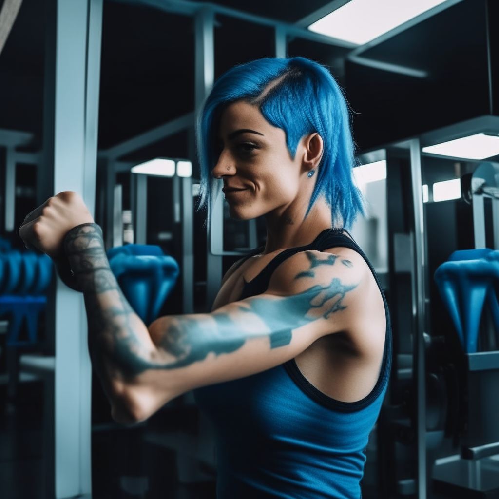 A fit woman with blue hair flexes her well-defined biceps and shoulders in front of a gym mirror, her hands wrapped for a workout