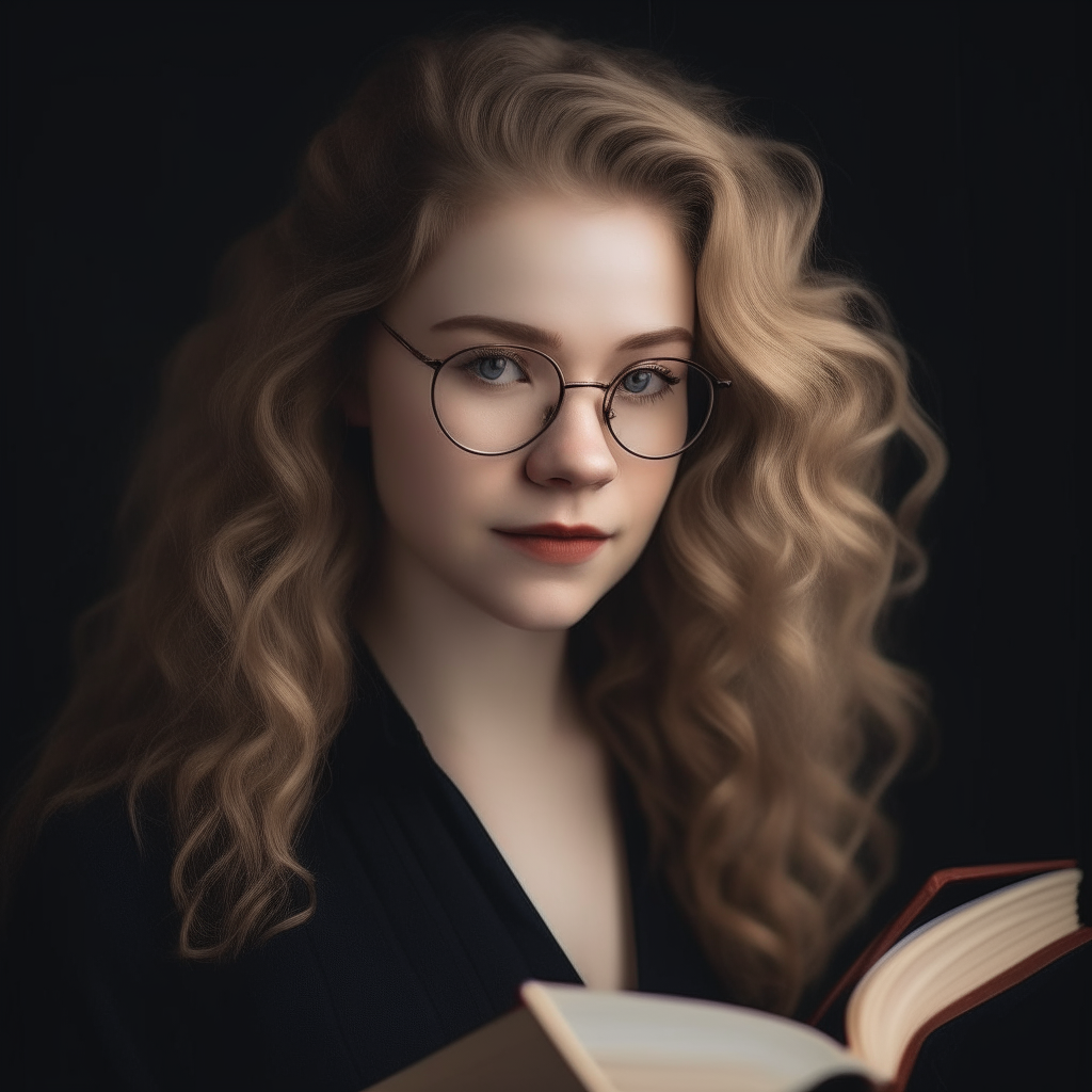 A beautiful woman with dark blond, wavy hair that is not too long and reaches her shoulders. She has honey-colored eyes, delicate lips, and wears glasses for reading. She is elegant yet youthful and modern, signing books as an author and giving a lecture.