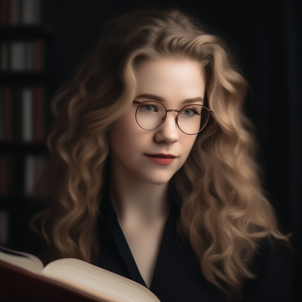 A beautiful woman with dark blond, wavy hair that is not too long and reaches her shoulders. She has honey-colored eyes, delicate lips, and wears glasses for reading. She is elegant yet youthful and modern, signing books as an author and giving a lecture.