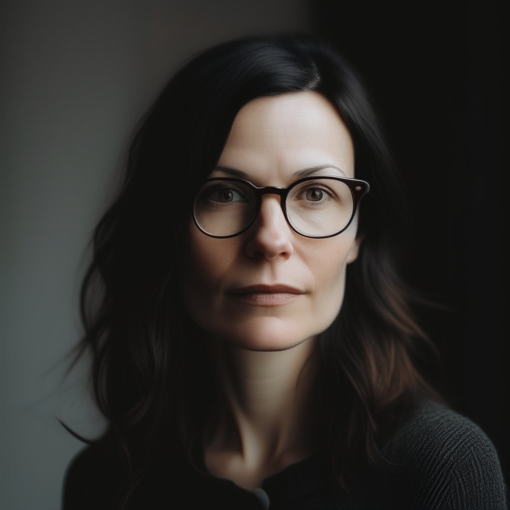 A 33-year-old woman with dark hair. She wears reading glasses and has an elegant yet modern style. She is the author of books.