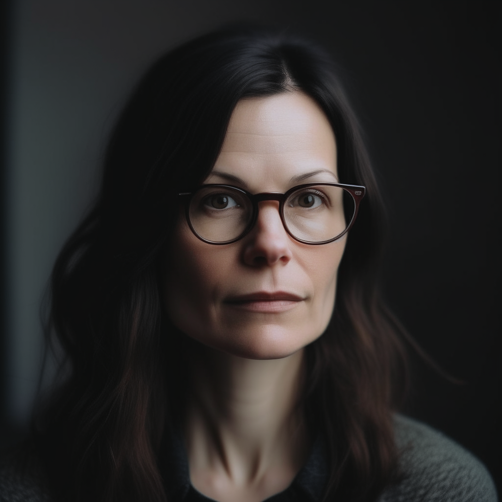 A 33-year-old woman with dark hair. She wears reading glasses and has an elegant yet modern style. She is the author of books.