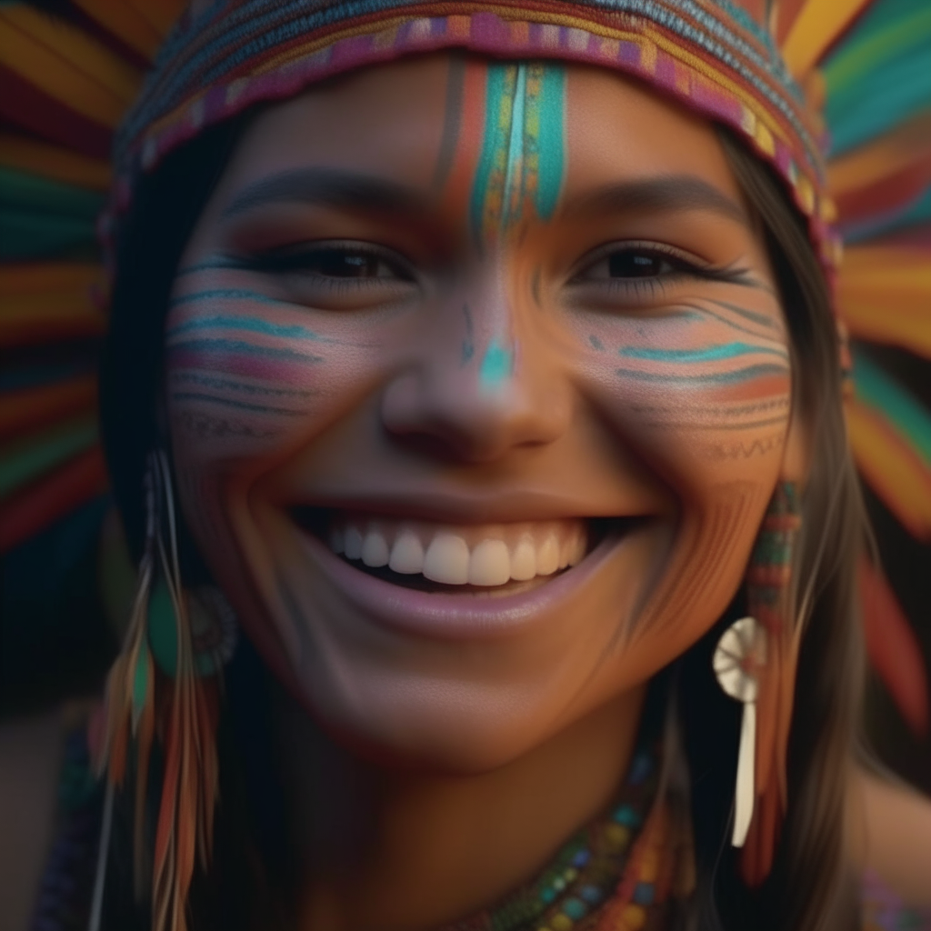 a beautiful Native American woman smiling, her vision piercing the veil of time, with hyper detailed features and a psychedelic use of vivid colors that form intricate iridescent patterns on her anthropomorphic character, captured in stunning 8K full HD quality