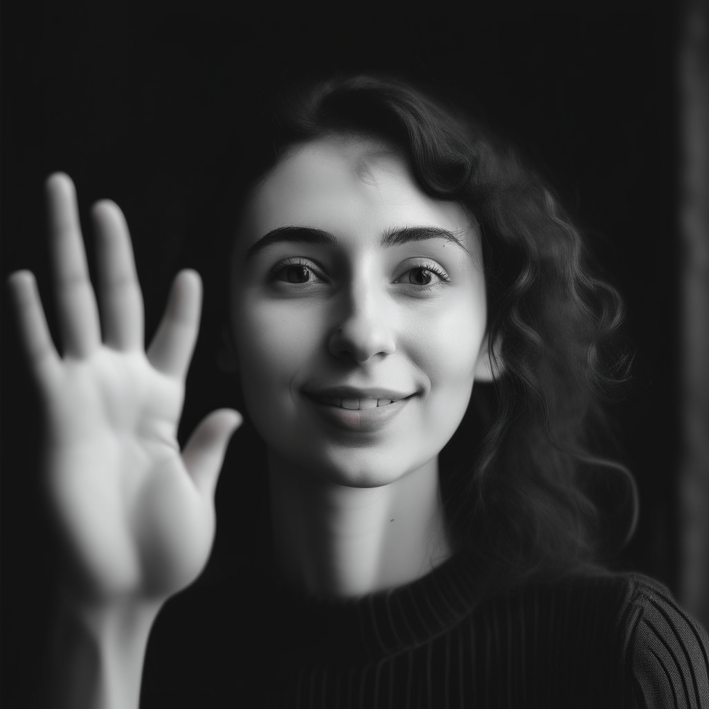 a portrait of the woman from image 1 waving at the camera