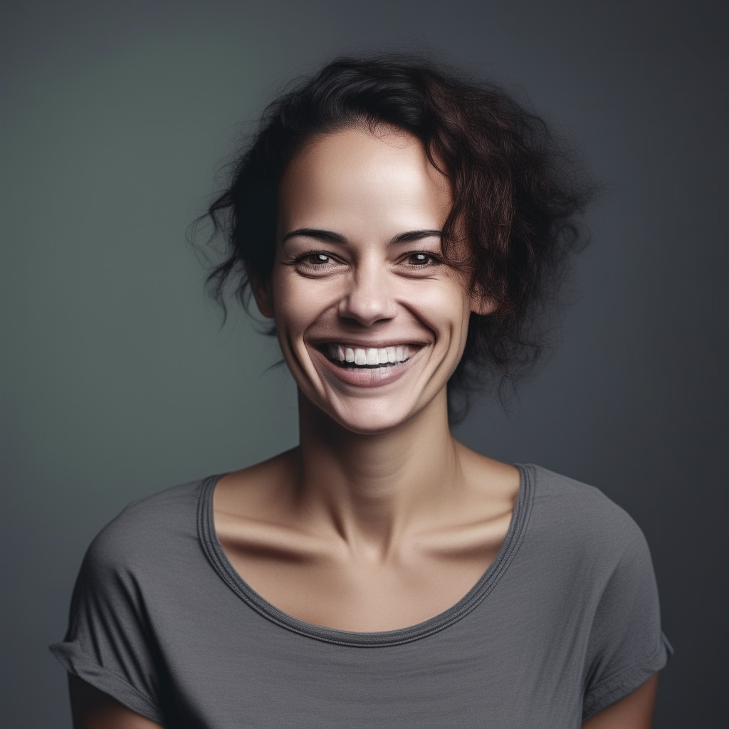 a portrait of the woman from image 1 smiling with her hands on her hips, maintaining her facial features