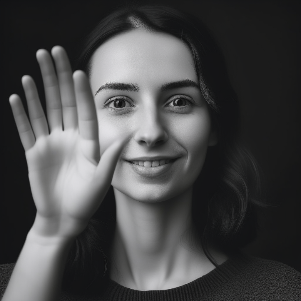 a portrait of the woman from image 1 waving at the camera, maintaining her facial features