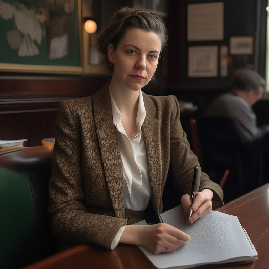 a portrait of the woman from previous images dressed elegantly in a blazer and skirt, holding a notebook and pen at a cafe