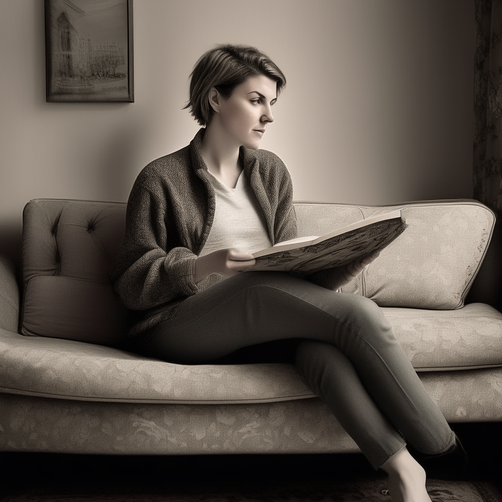 a portrait of the woman from previous images dressed casually yet stylishly, sitting cross-legged on a couch reading a book