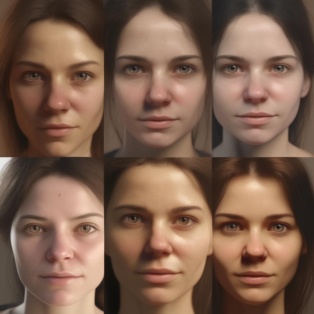 a close-up portrait of the woman from images 1, 7, 8 and 9, looking directly at the camera with an accurate representation of her facial structure and features