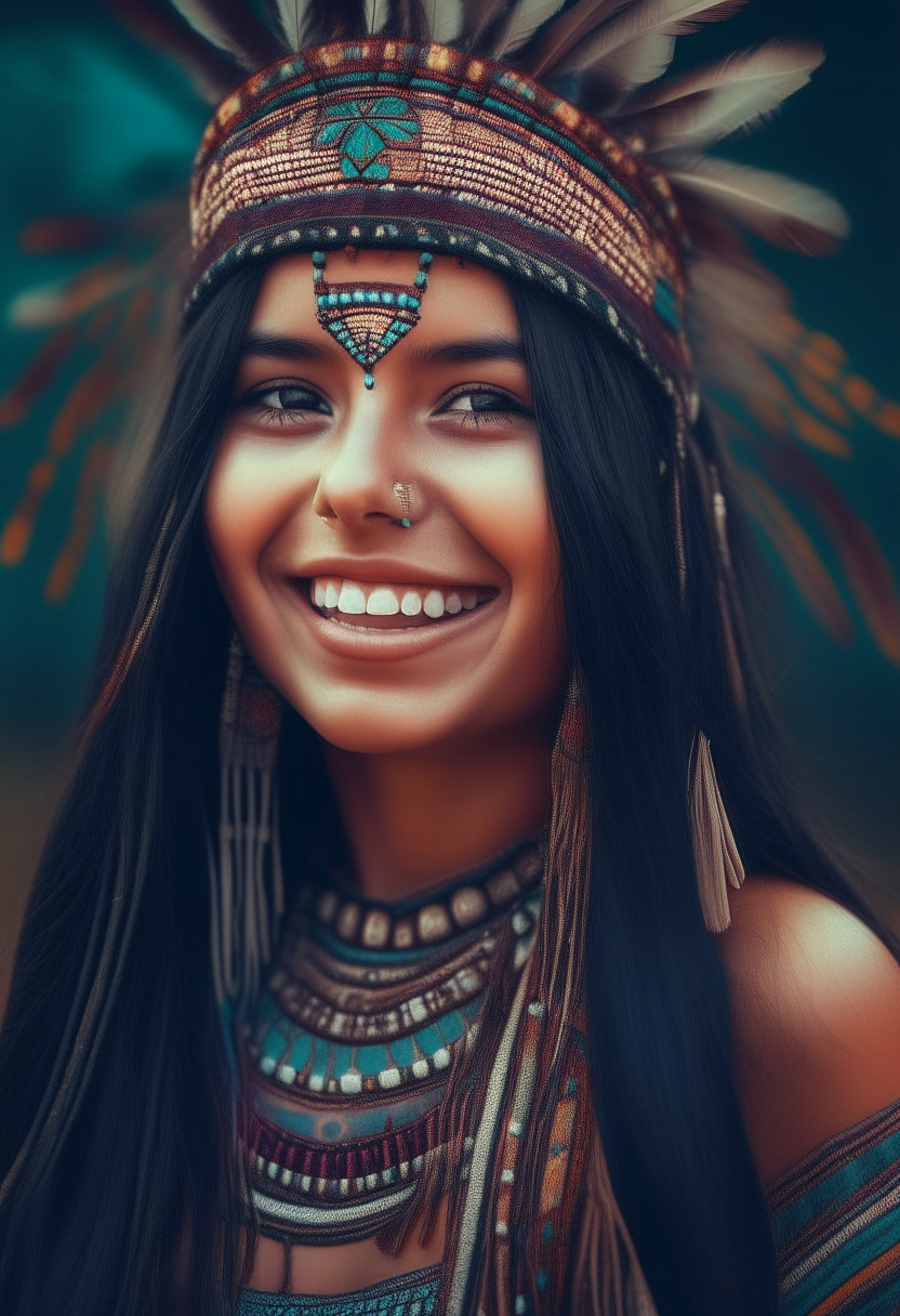 A Native American woman smiling, long black hair, intricate beaded headpiece and necklace, visionary psychedelic colors and patterns on traditional clothing, intricate iridescent patterns that shift and change as you look at them, hyper detailed 8K resolution