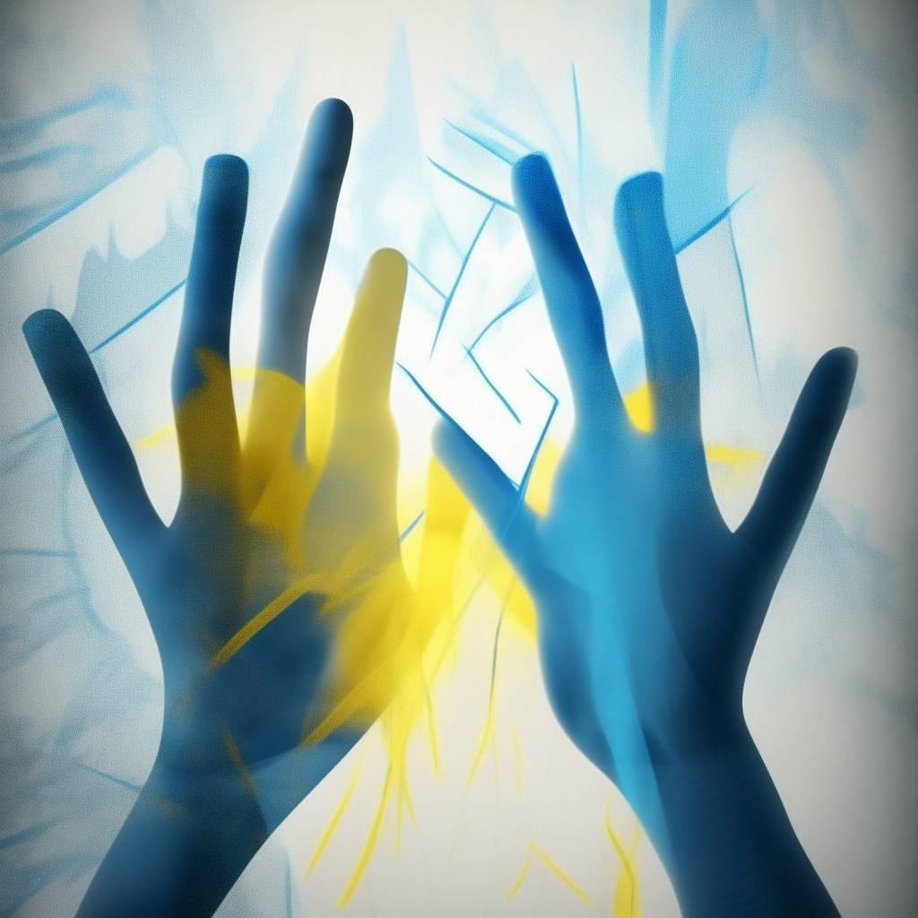 Silhouetted hands pressed against frosted glass, with abstract shapes and colors suggesting Ukraine's flag