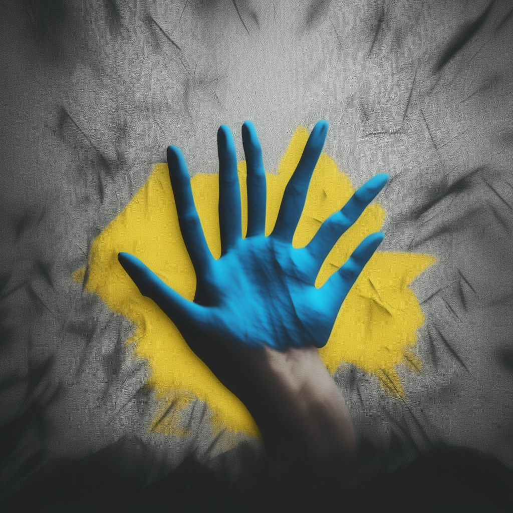 Silhouetted hands pressing against a surface with colors and textures suggesting Ukraine's flag