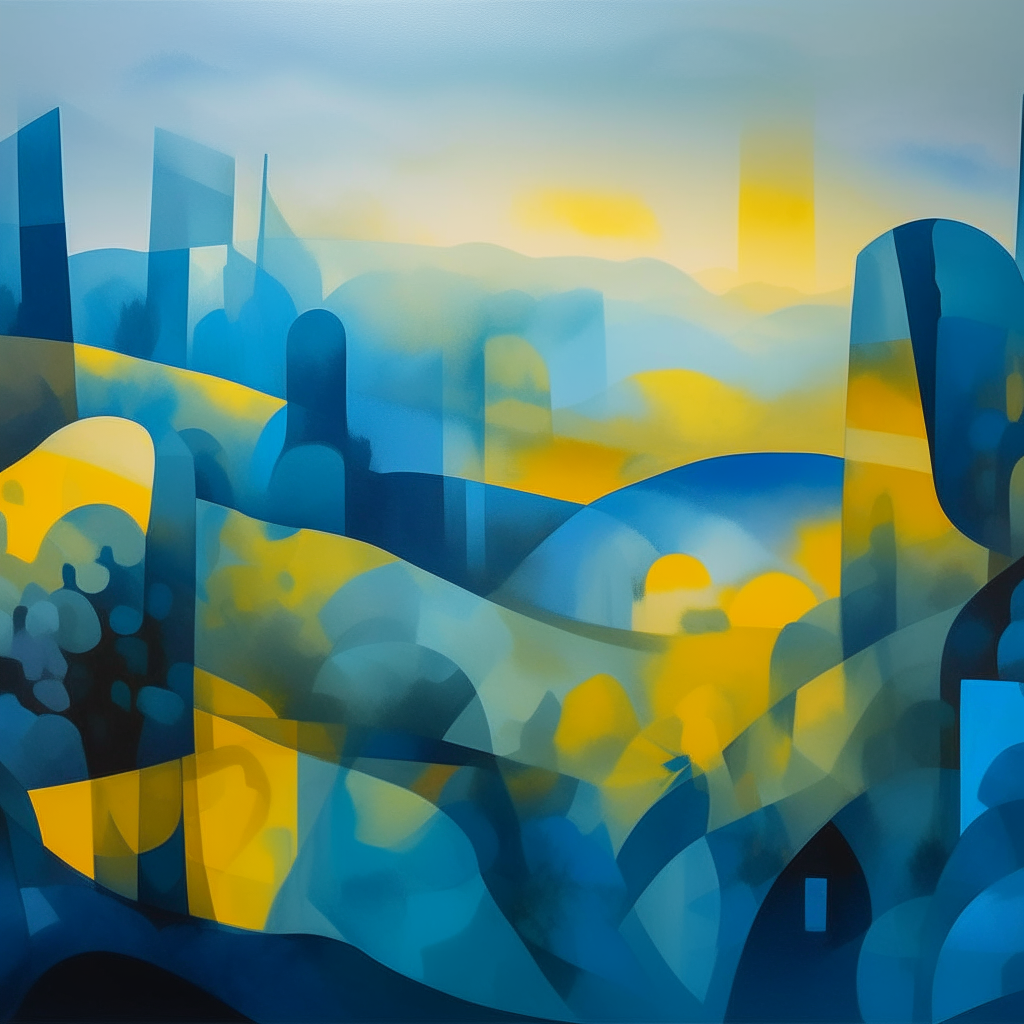 Abstract shapes and colors blending like a foggy landscape, with blues and yellows evoking Ukraine