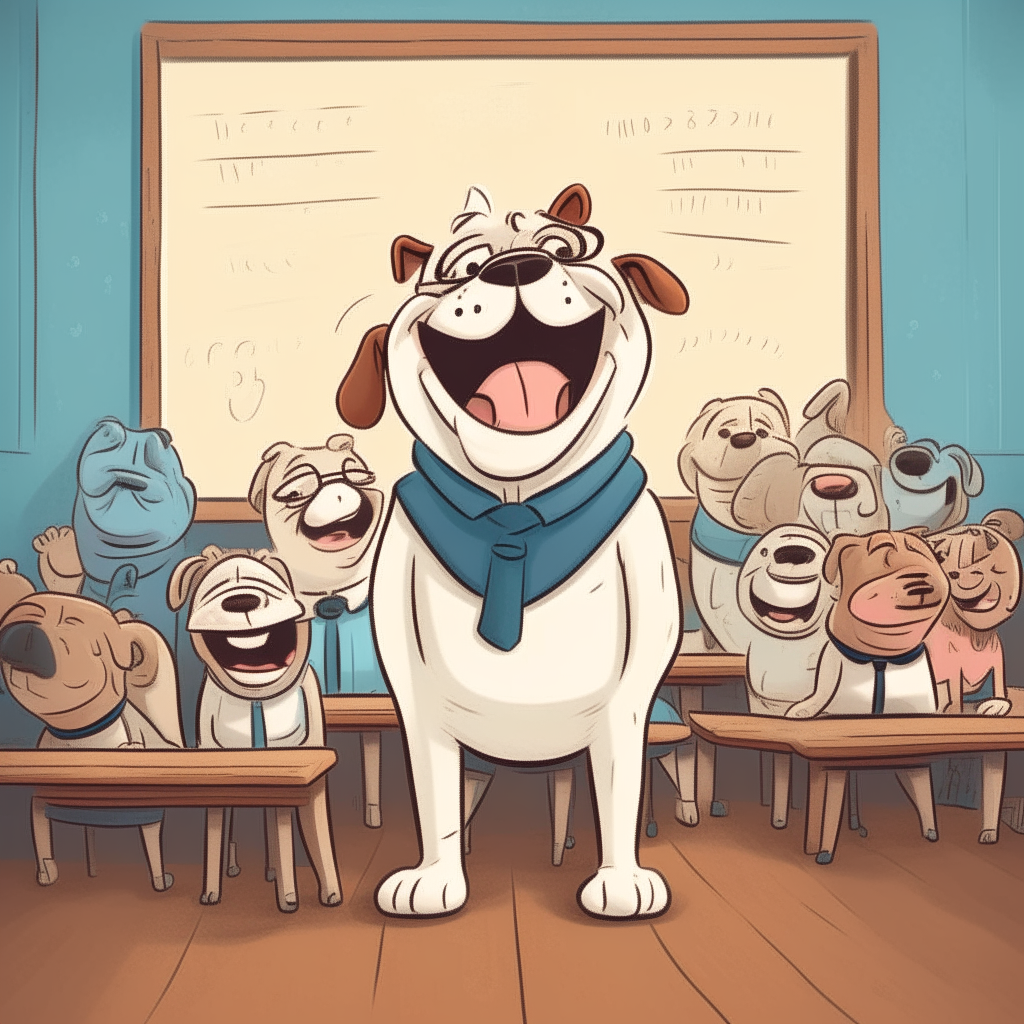 A cartoon Bulldog teacher wearing glasses and holding a piece of chalk, smiling and standing at the front of a classroom full of animal students