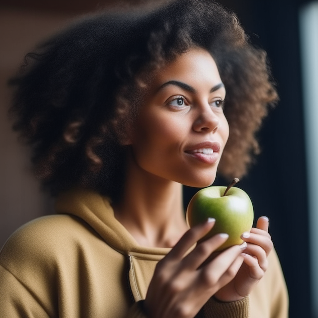 A woman eating an apple 