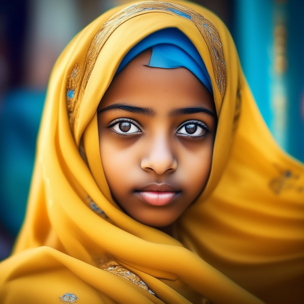 Prompt Description:
Title: "MidJourney: A Captivating Vision of a Muslim Girl in Dubai"

Image:
Visualize a striking image of a young Muslim girl, her presence emanating grace and confidence. She wears a vibrant hijab that beautifully complements her golden hair, which cascades down her back. Her enchanting blue eyes captivate the viewer, while her white complexion is punctuated by rosy red cheeks.

Photographic Style:
Capture the essence of beauty and allure in a tasteful manner, highlighting the subject's charm and elegance. Emphasize the aesthetic appeal through carefully composed shots and lighting that accentuates her features. 

Tone:
Employ a high-resolution, 4K focus to showcase every detail, creating a visually immersive experience. Ensure crisp clarity and precision in the image, leaving the viewer with an indelible impression.

Object:
Place the scene in the vibrant city of Dubai, surrounded by the opulent architecture and breathtaking skyline. Incorporate iconic elements like the Burj Khalifa or the Dubai Marina, setting the stage for the girl's journey.

Action:
For an added touch of enchantment, depict the girl's hair dancing gracefully in the wind, symbolizing freedom and joy. Let her hair flow, creating a whimsical and ethereal effect that adds a sense of movement and vivacity to the image.

Additional Notes (optional):
Celebrate diversity, promoting inclusiveness and representation through thoughtful storytelling. Portray the girl's cultural identity with respect and appreciation, showcasing the beauty of her heritage within the cosmopolitan backdrop of Dubai.