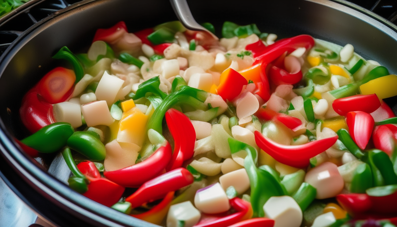 Freshly chopped onions, garlic, and red and green bell peppers sautéing in olive oil in a skillet over medium-high heat, detailed photo