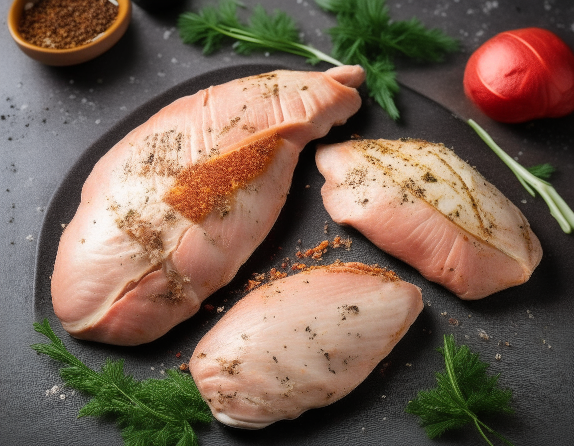 Raw chicken breasts seasoned with salt, pepper, and dried herbs