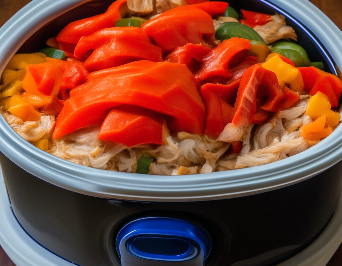 Onions, garlic, and bell peppers layered over seasoned chicken in a crock pot