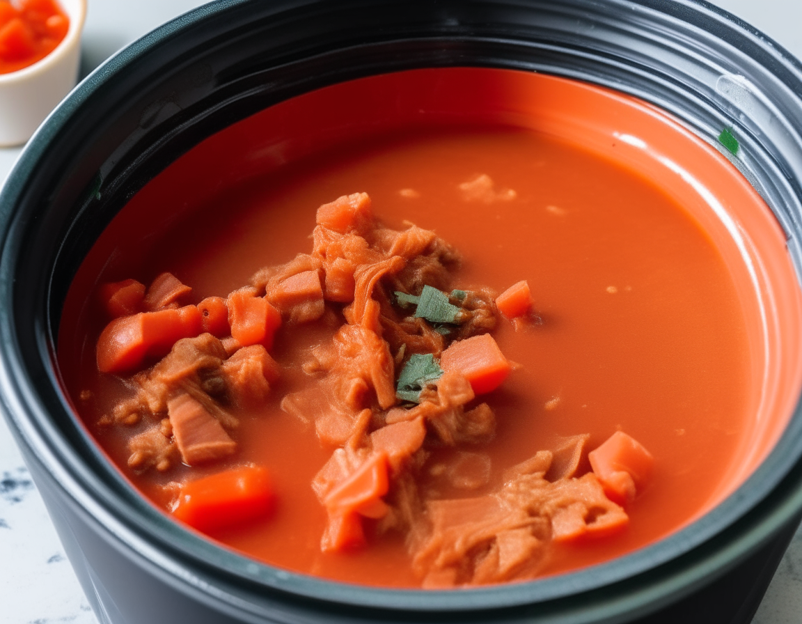 Canned diced tomatoes and chicken broth poured over ingredients in a crock pot