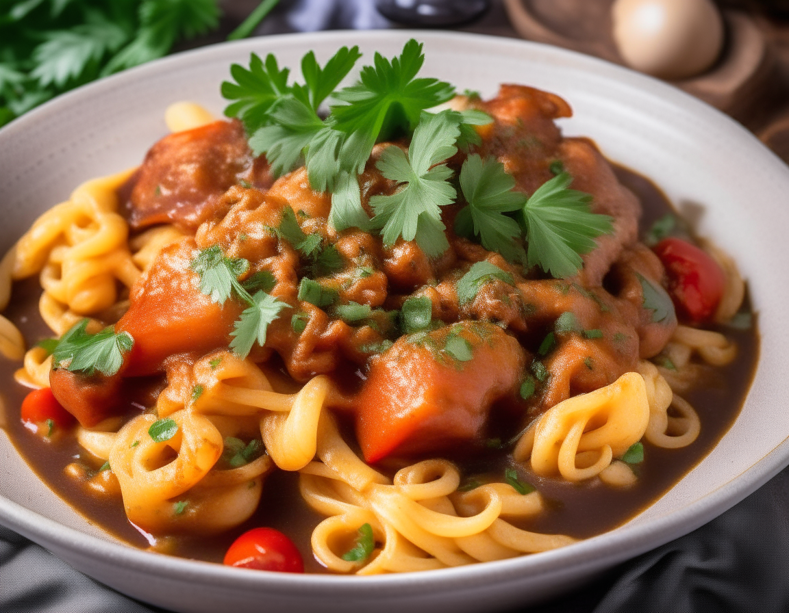 Cooked chicken cacciatore garnished with parsley, served over pasta