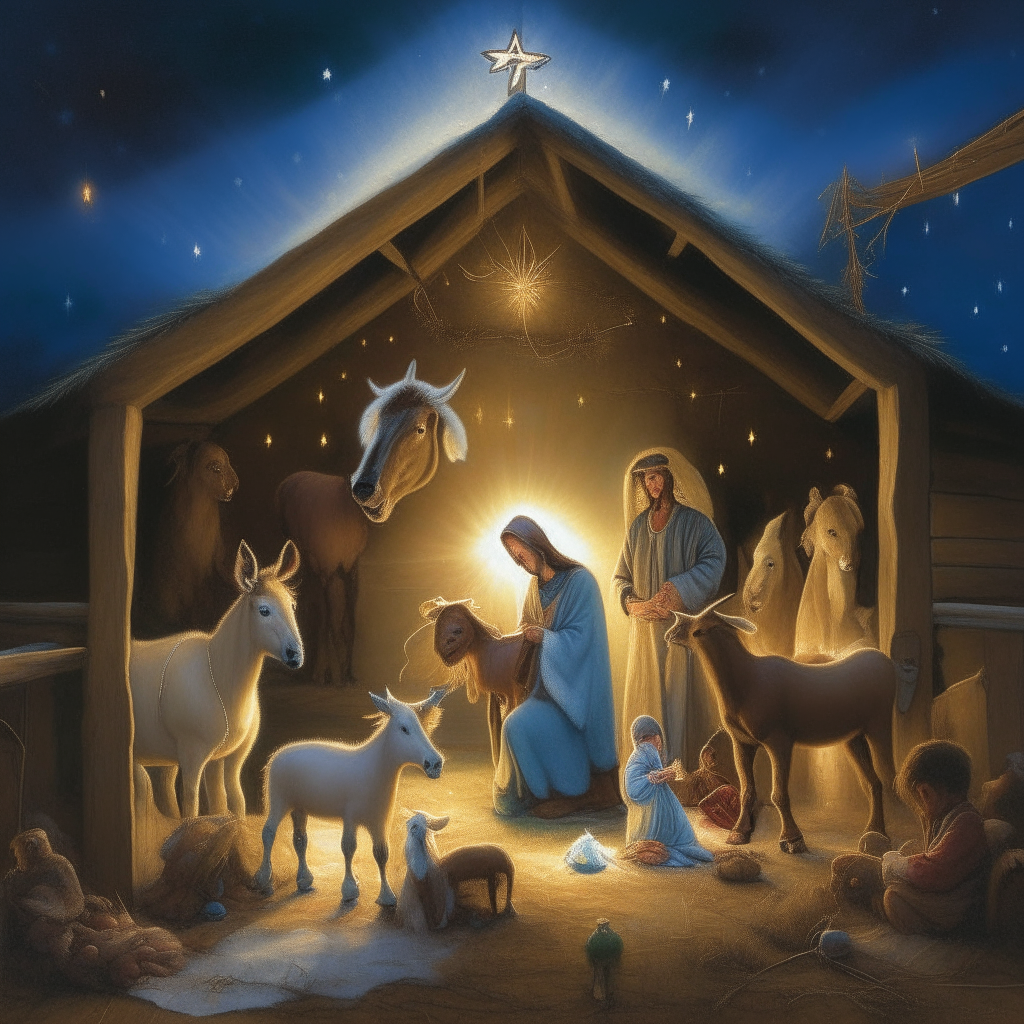 A nativity scene showing Mary, Joseph and the infant Jesus. Animals are in the stable and an intense starlight shines outside.
