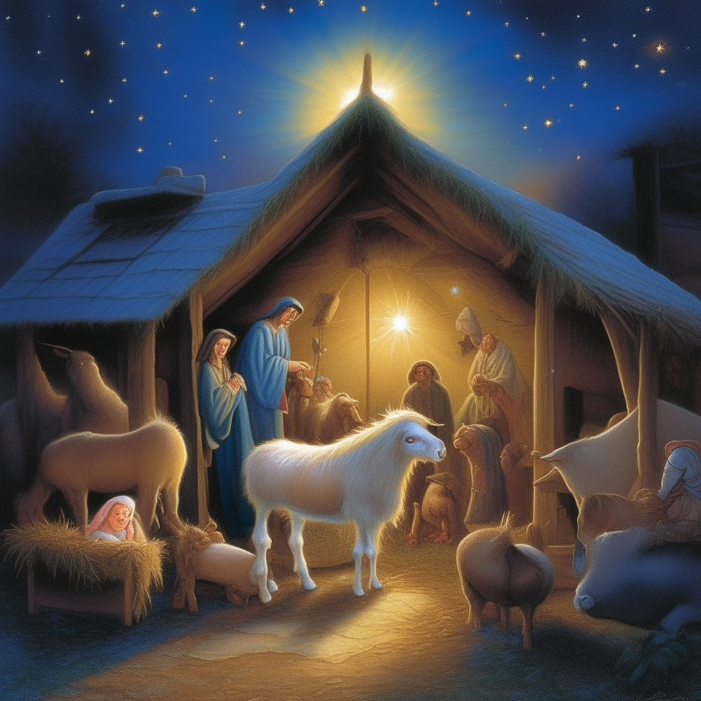 Another view of the holy family with Mary, Joseph and baby Jesus in the stable surrounded by farm animals. A bright star illuminates the night sky outside.