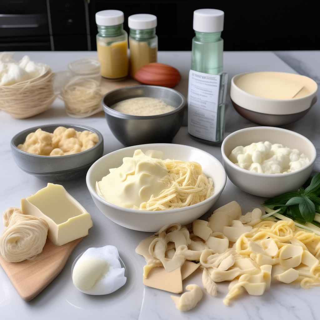 A kitchen counter displaying ingredients for instant pot chicken alfredo: raw chicken breast, parmesan cheese, garlic, butter, cream, uncooked pasta