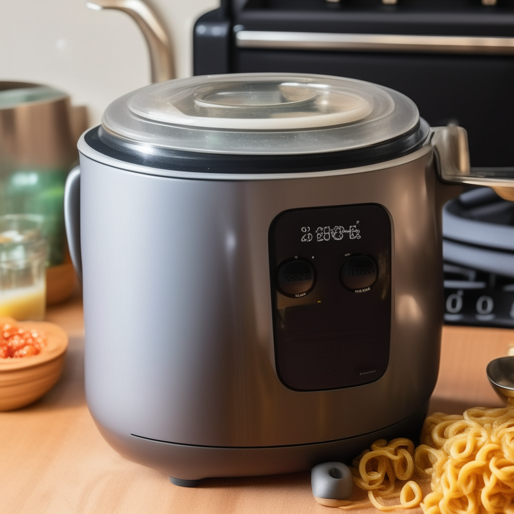 An instant pot with boiling water, next to uncooked pasta and a timer set for half the regular cooking time