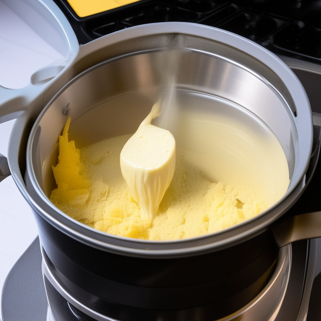 Melting butter and sautéing garlic inside an instant pot. Jug of cream and grated parmesan ready to add.