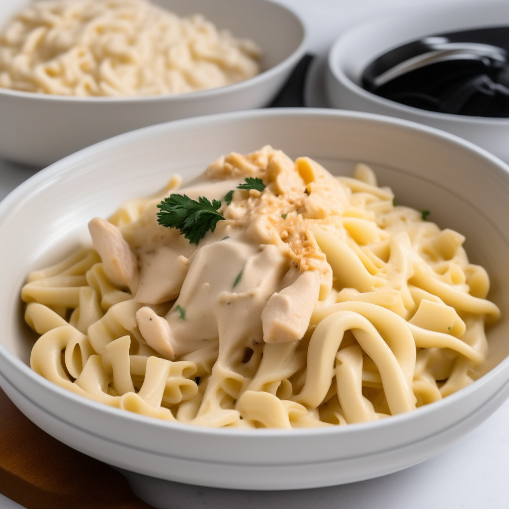 Inside an instant pot, chicken alfredo sauce mixed with pasta and chicken. Next to it, a plate ready for serving