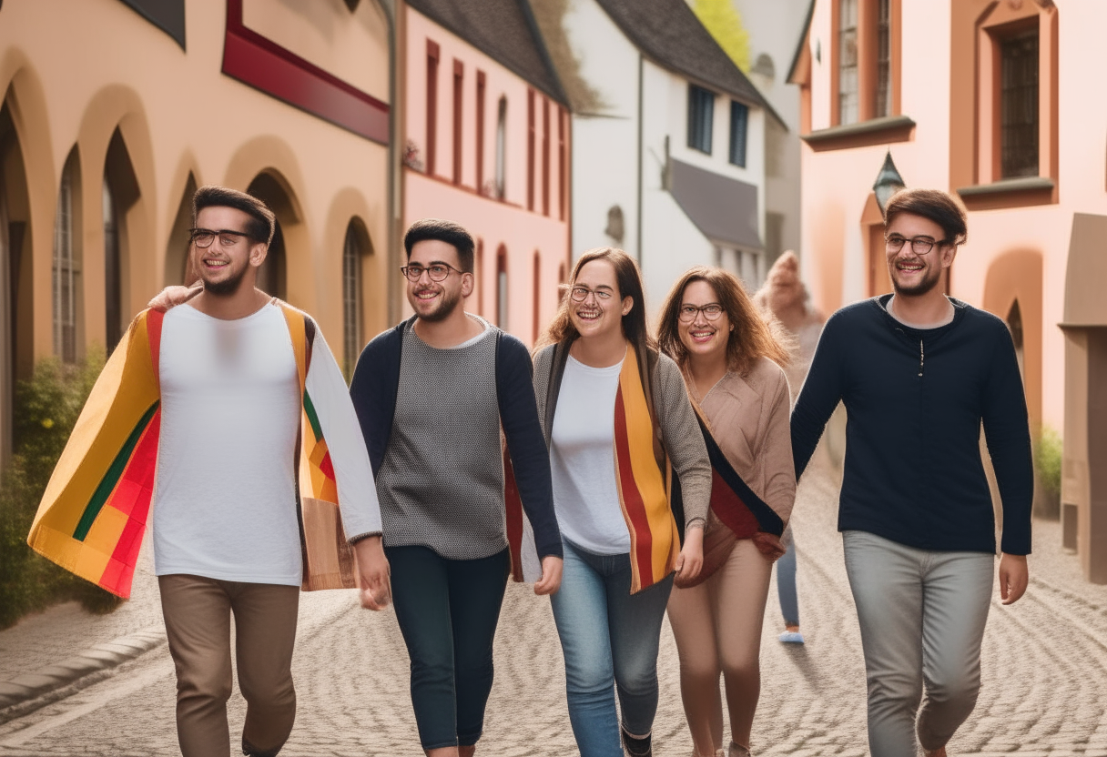 A group of 5 friends walking down a cobblestone street in Germany, each holding a large German flag and smiling proudly. The flags are waving in a gentle breeze.