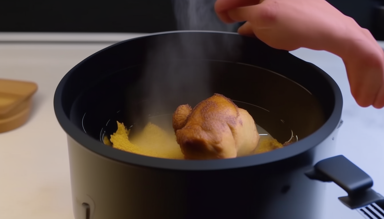 First frame of a video showing chicken browning as it cooks in an instant pot