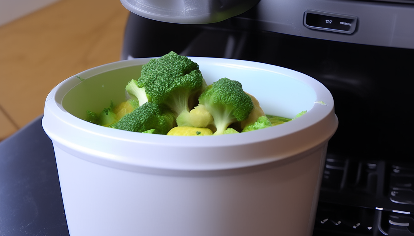 First frame of a video showing raw chicken and broccoli placed in an instant pot