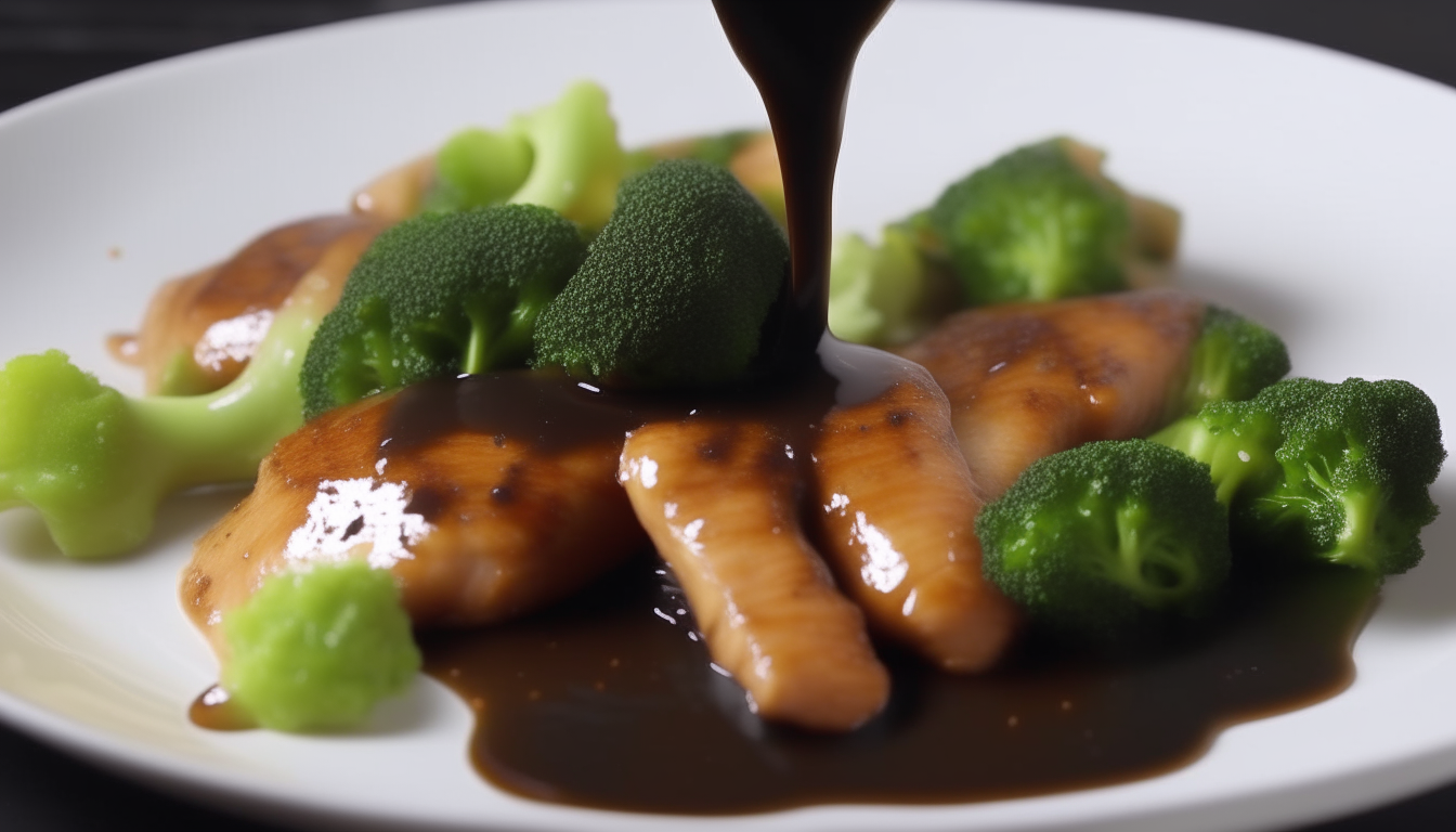 First frame of a video showing cooked chicken and broccoli plated with thickened sauce