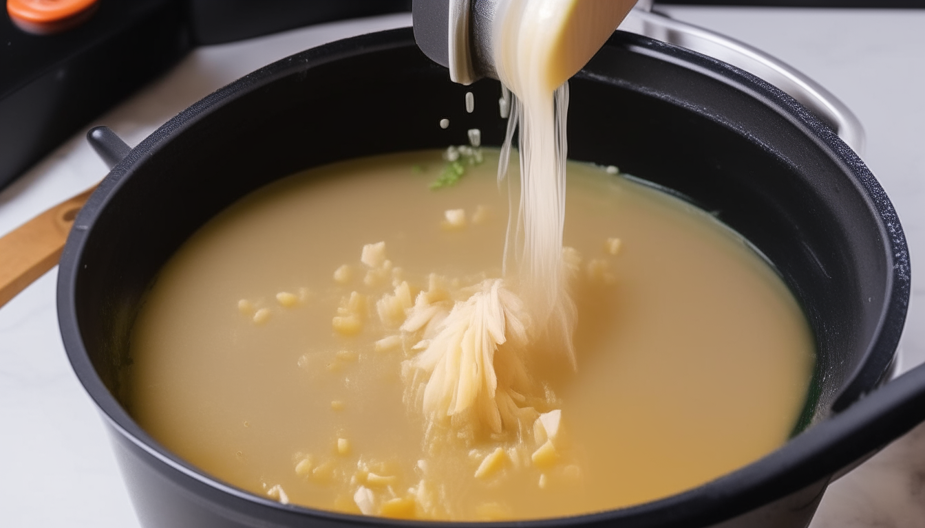 First frame of a video showing chicken broth and seasoning being added to an instant pot