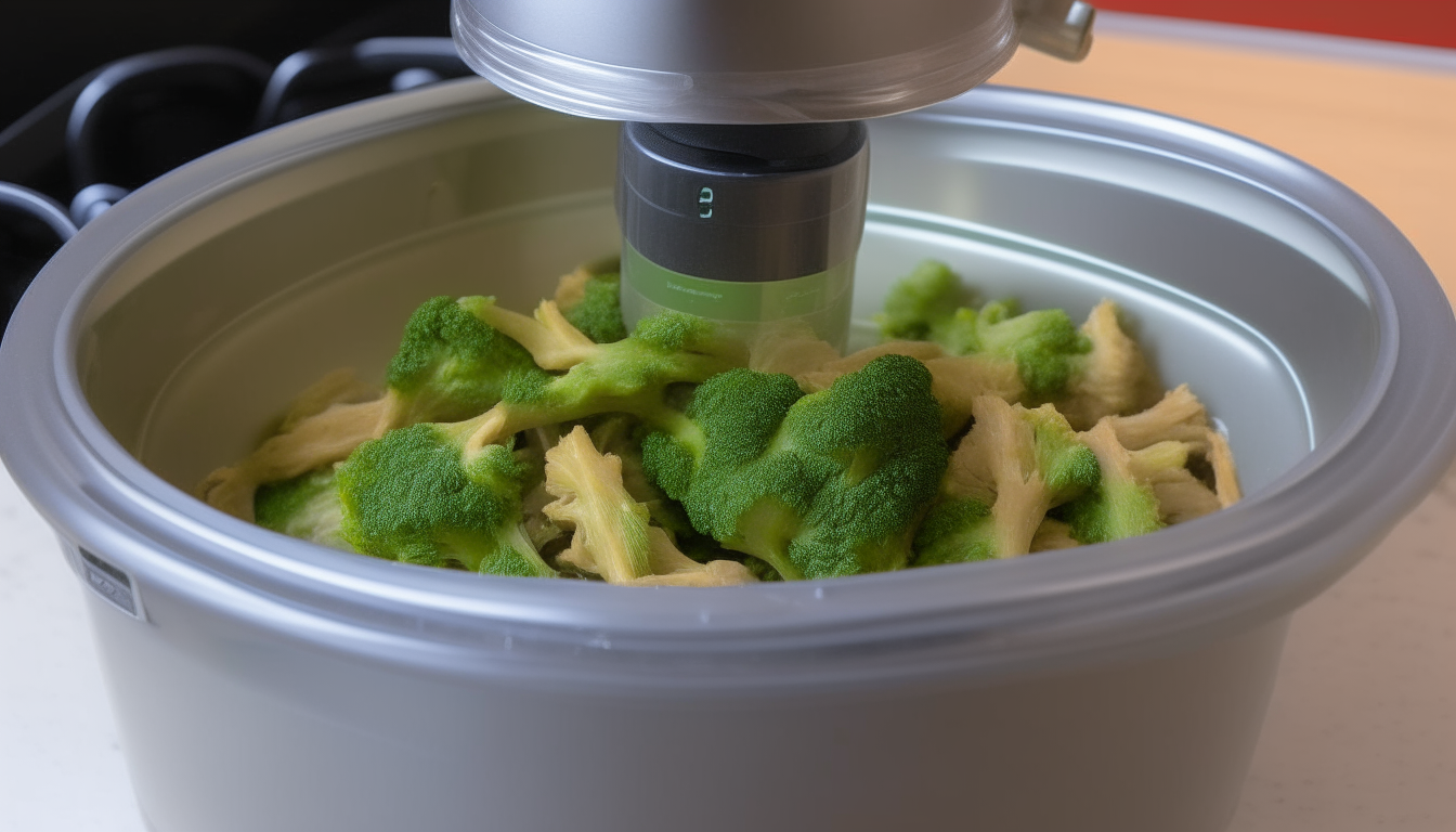 Instant Pot with sautéed chicken and broccoli florets then sealed and set to Pressure Cook