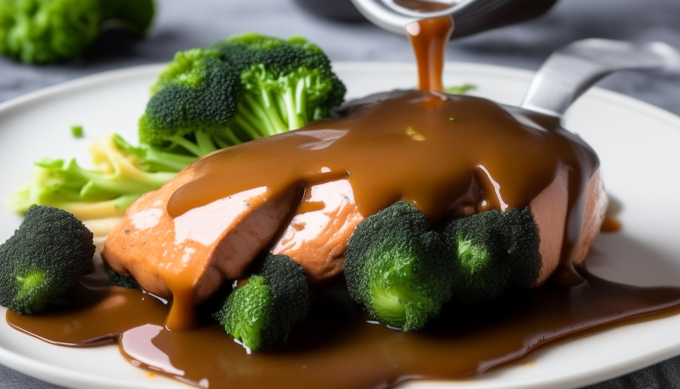 Cooked chicken and broccoli plated with thickened sauce poured over top