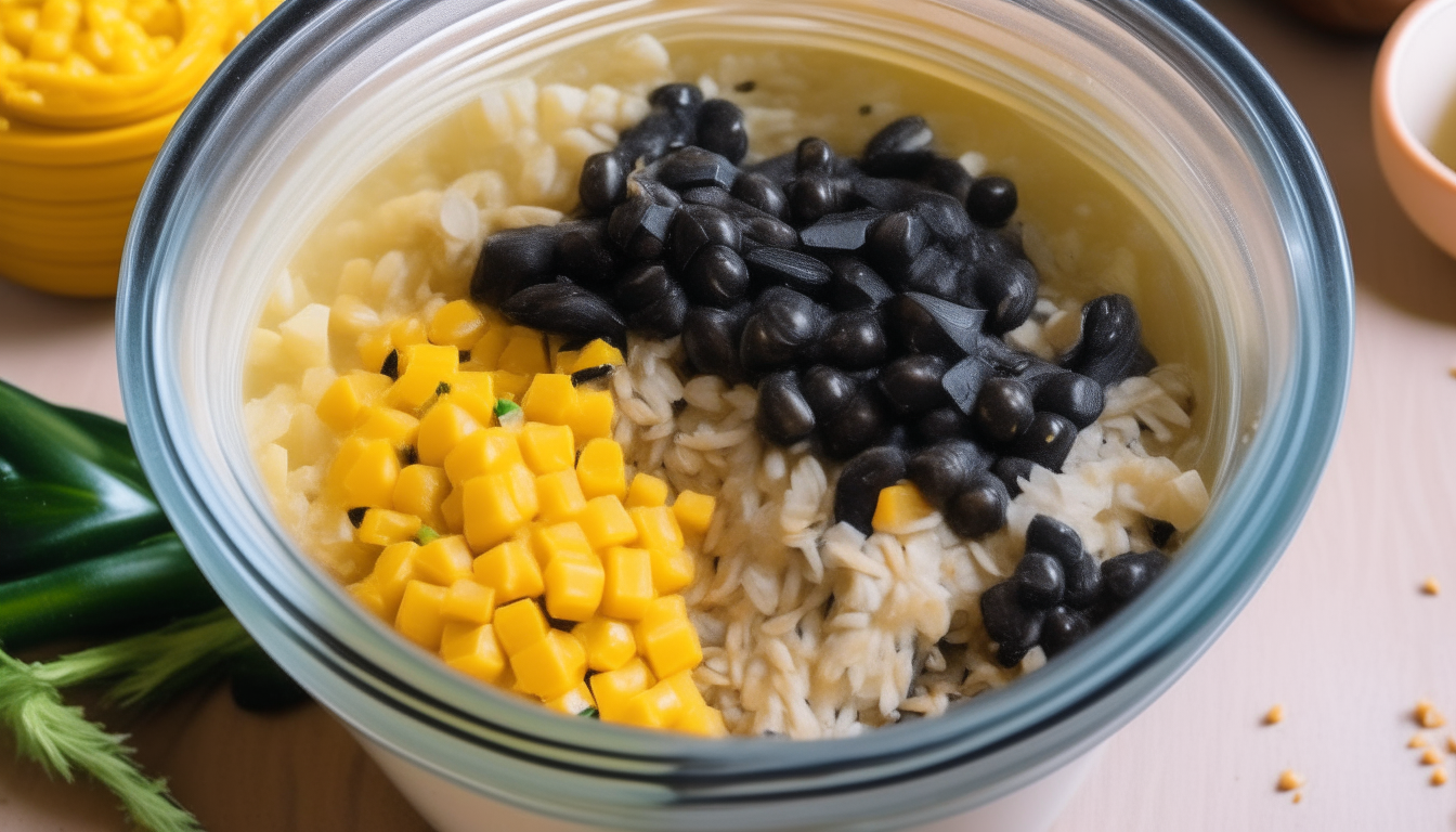 Chicken broth, black beans, corn and uncooked rice added to the Instant Pot then sealed